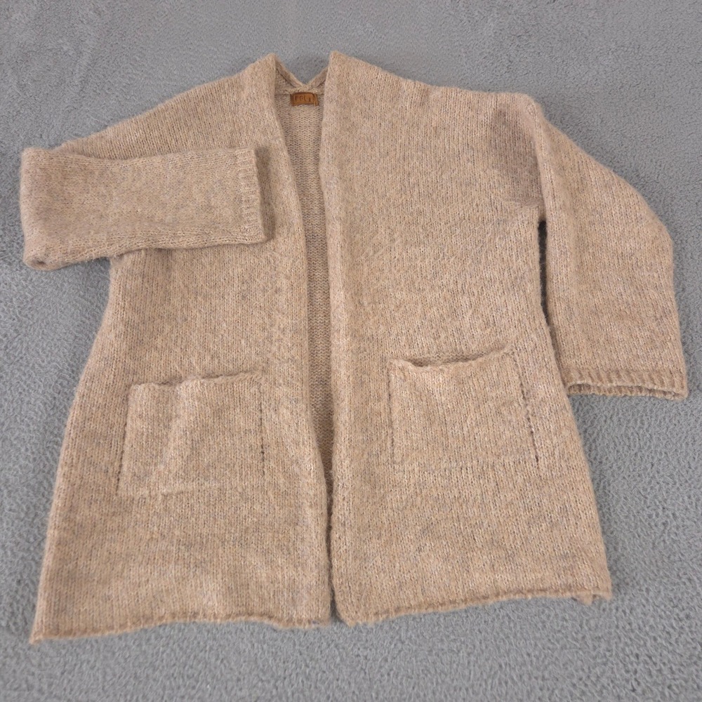 POL Sweater Women L Tan Cardigan Open Front Knit Oversized Pockets Cozy Layering